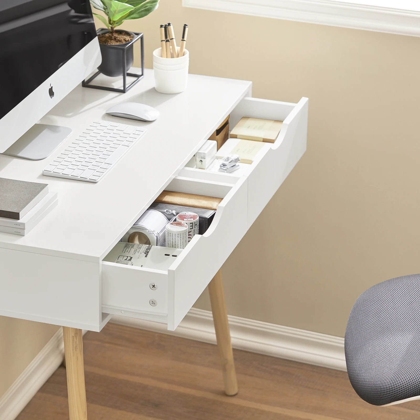 SoBuy FWT40-WN desk with 2 drawers table computer table children's desk office table, White/nature BHT CA: 90x77x45cm