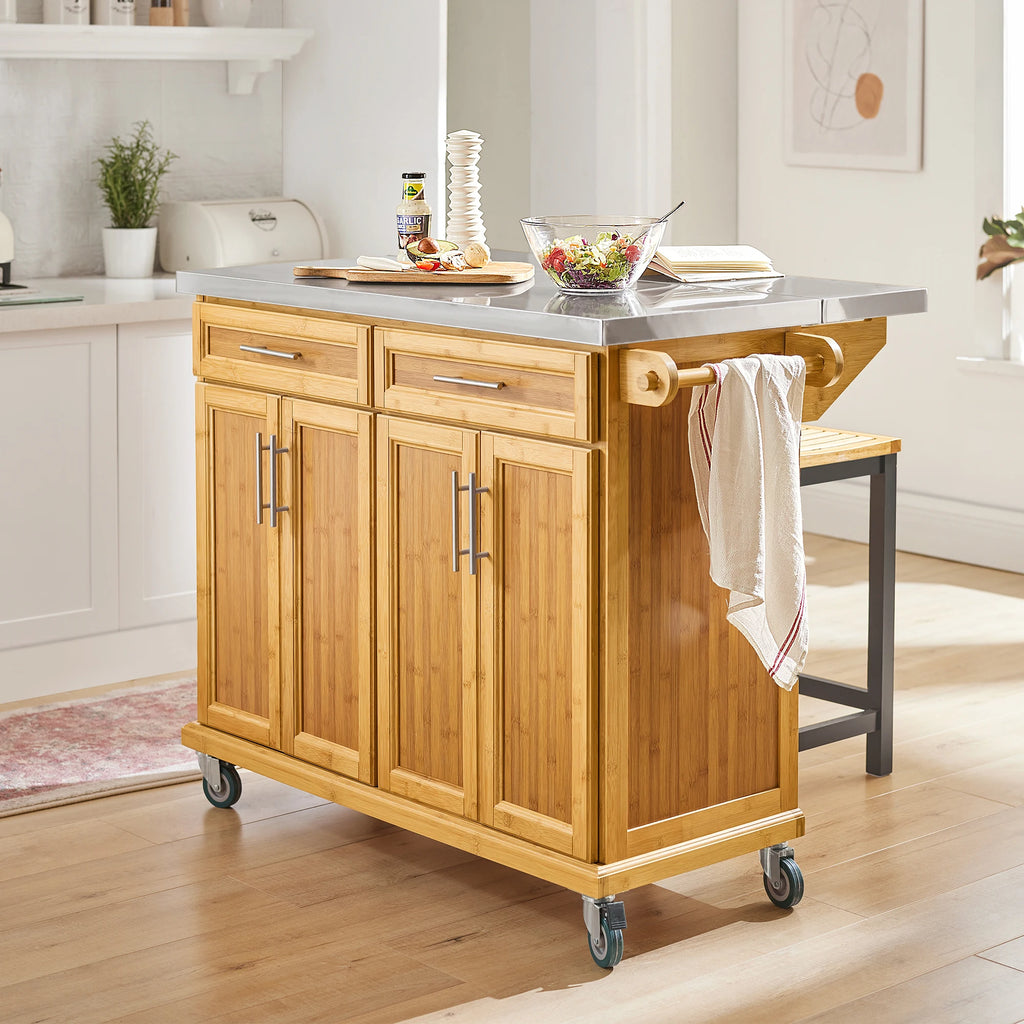 SoBuy FKW69-N Kitchen Island Kitchen Trolley with Expandable stainless steel Work plate Kitchen wardrobe serving trolley