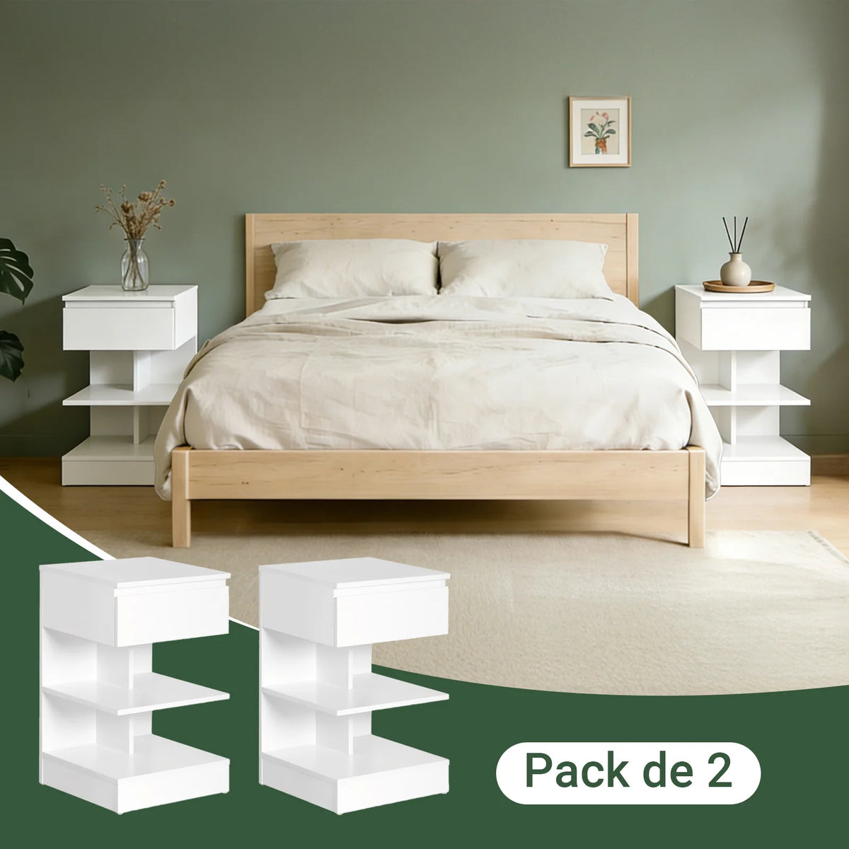 SoBuy FBT49x2 Set of 2 bedside table narrow bedside cabinet with 1 drawer and 2 shelves, Modern side table table 39x39x65CM