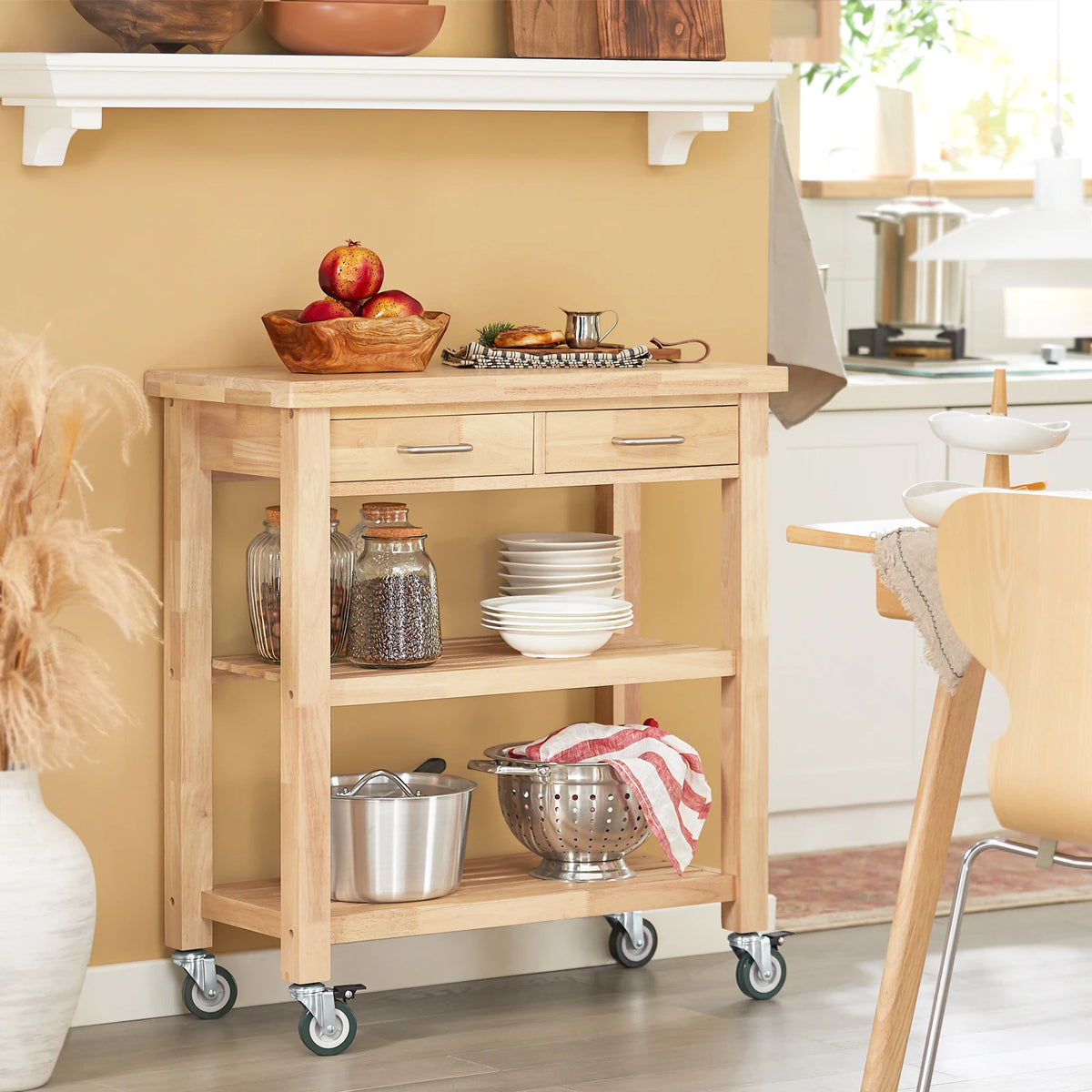 SoBuy FKW24-N serving trolley Rubber Wood Kitchen Trolley Kitchen Rack B80xT40xH90cm B80xT40xH90cm