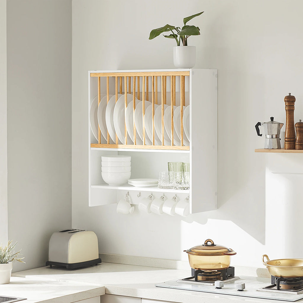 SoBuy KCR09-W plates Holder for 11 plates plates Shelf Wall Shelf with 7 Metal Hooks Plate Stand Kitchen Shelf with One Comb