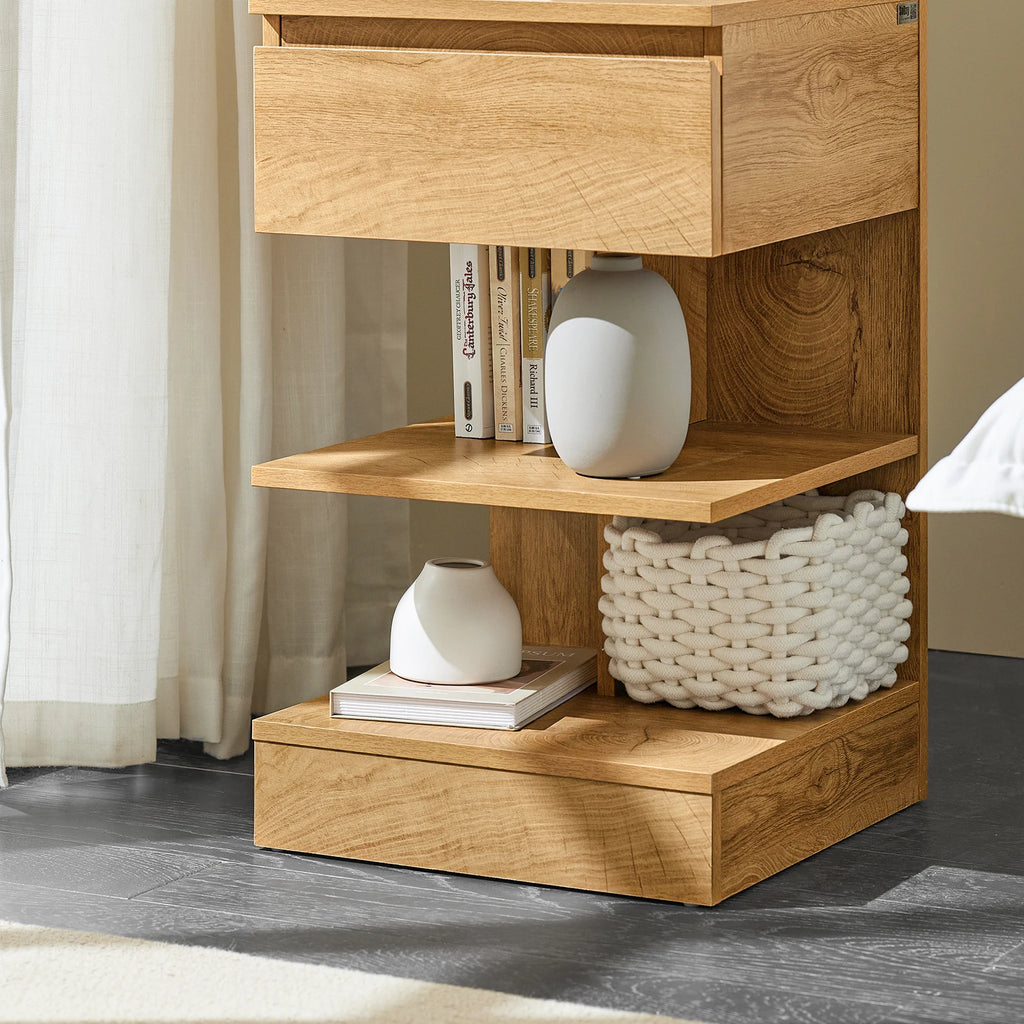 SoBuy FBT49 side table, bedside table, nightstand dresser with 1 drawer and 3 shelves, natural color, WDH approx. 39x65x39cm