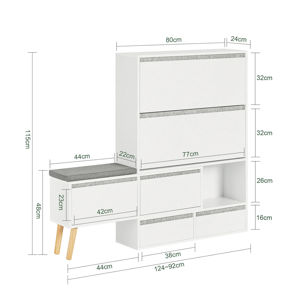 SoBuy FSR134-W Shoe dump truck Shoe shelf with 2 flaps, 2 doors and 2 drawers Hallway cabinet with bench Shoe bench with seat