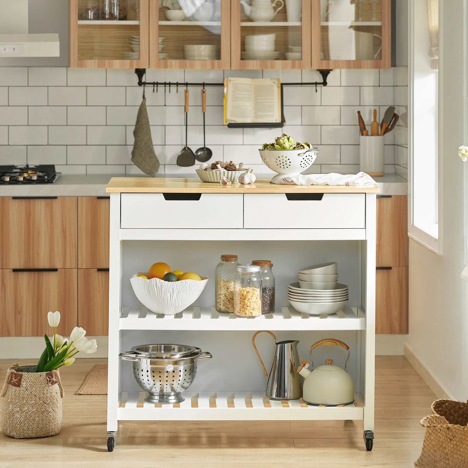 SoBuy FKW74-WN serving trolley with roller trolley kitchen kitchen shelf standing shelf kitchen White-natural 98x94x58CM