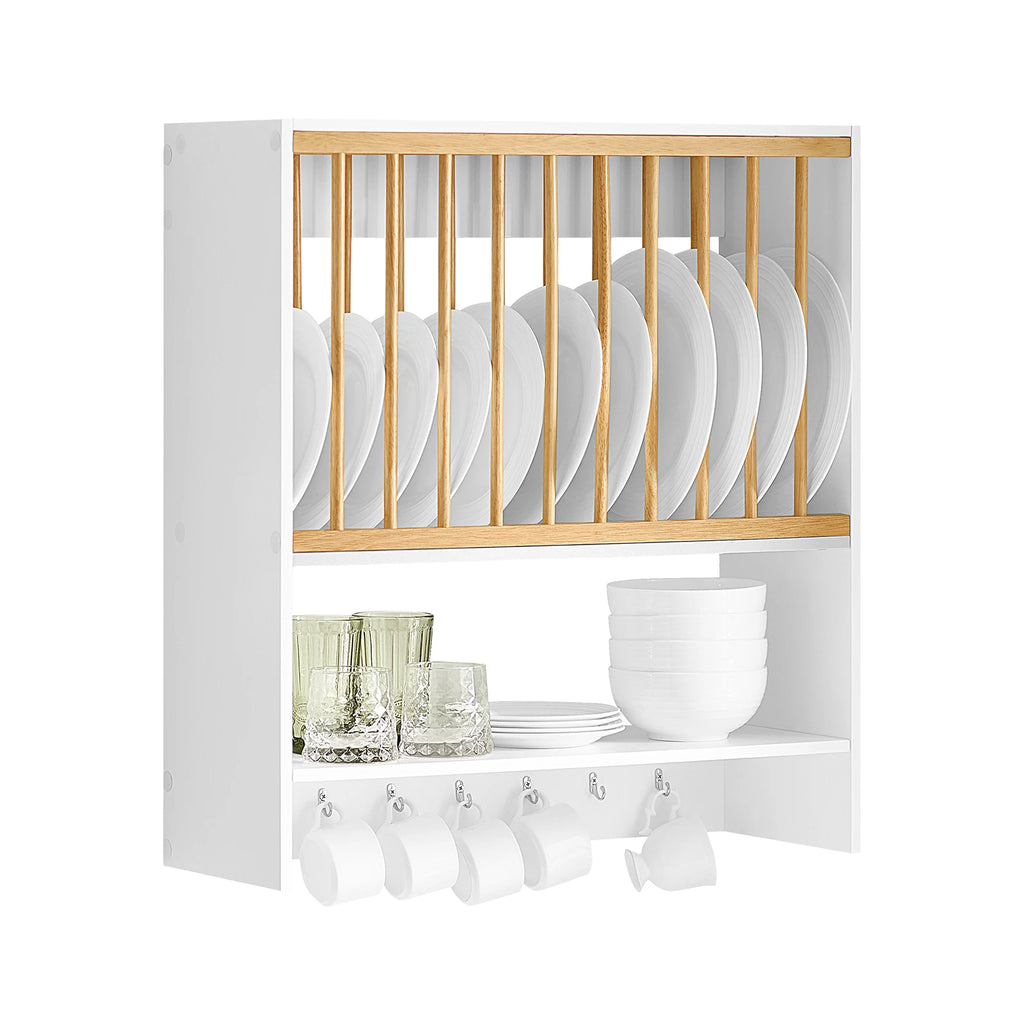 SoBuy KCR09-W plates Holder for 11 plates plates Shelf Wall Shelf with 7 Metal Hooks Plate Stand Kitchen Shelf with One Comb