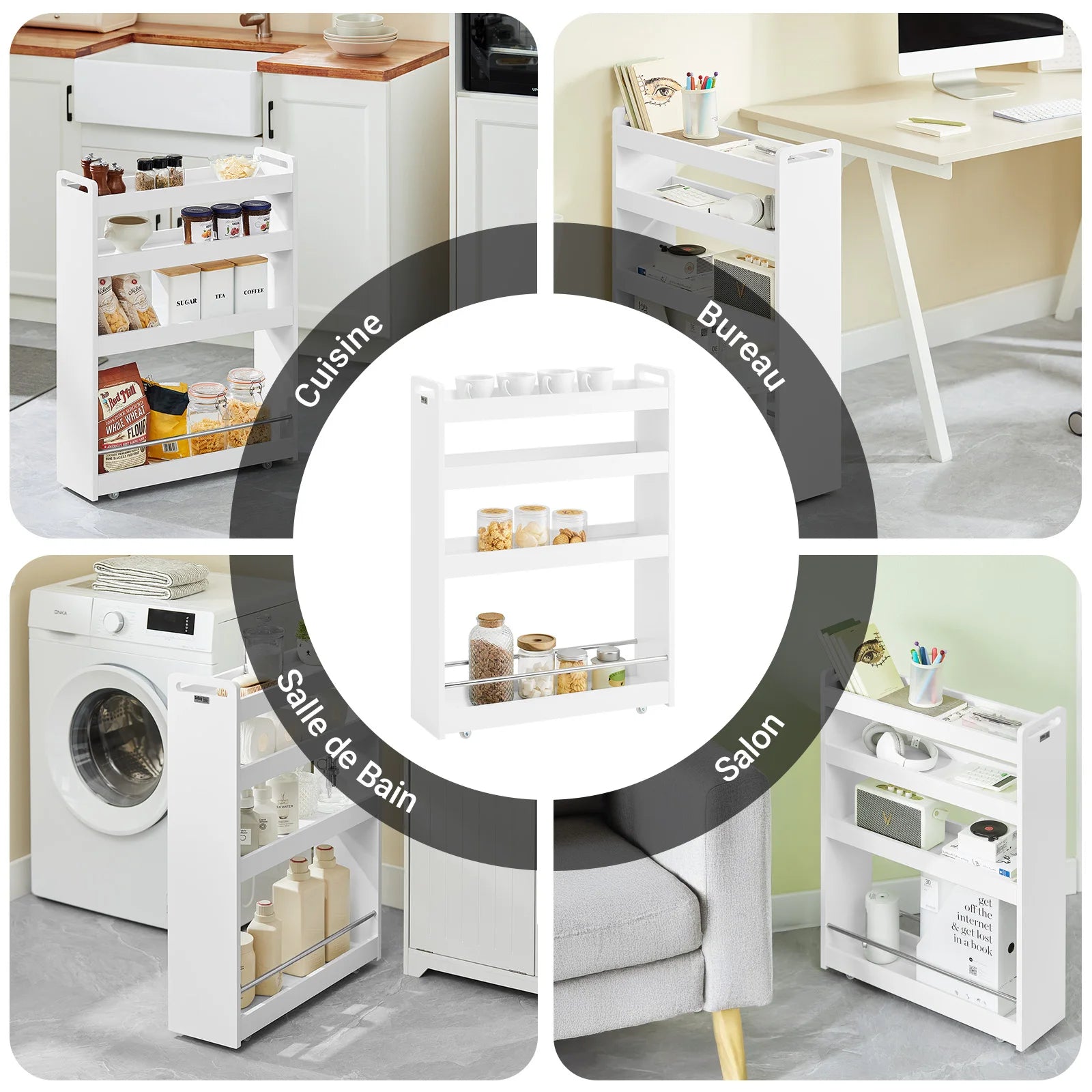 SoBuy NSR01-W niche rack with 4 floors kitchen shelf with wheels bathroom trolley order car trolley White BHT approx.:18x82x60cm
