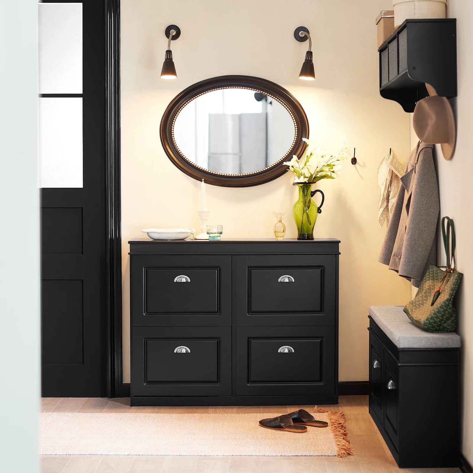 SoBuy FSR79 Shoe Cabinet with 4 flaps, Narrow Shoe Dumpster with 8 shelves, Adjustable shoe rack for hallway, 105x82x24