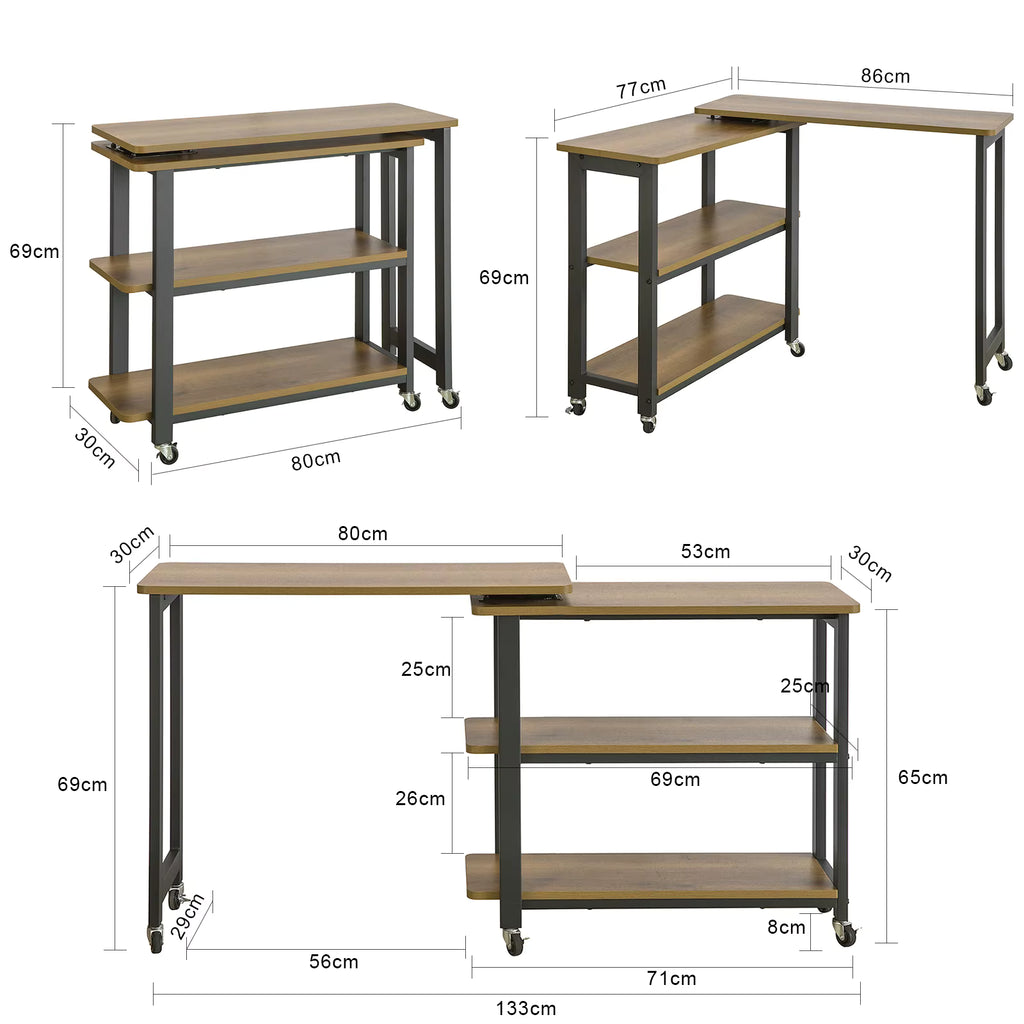 SoBuy FWT83 L-shaped side table with 2 shelves Sofa table with wheels corner desk worktable industrial design