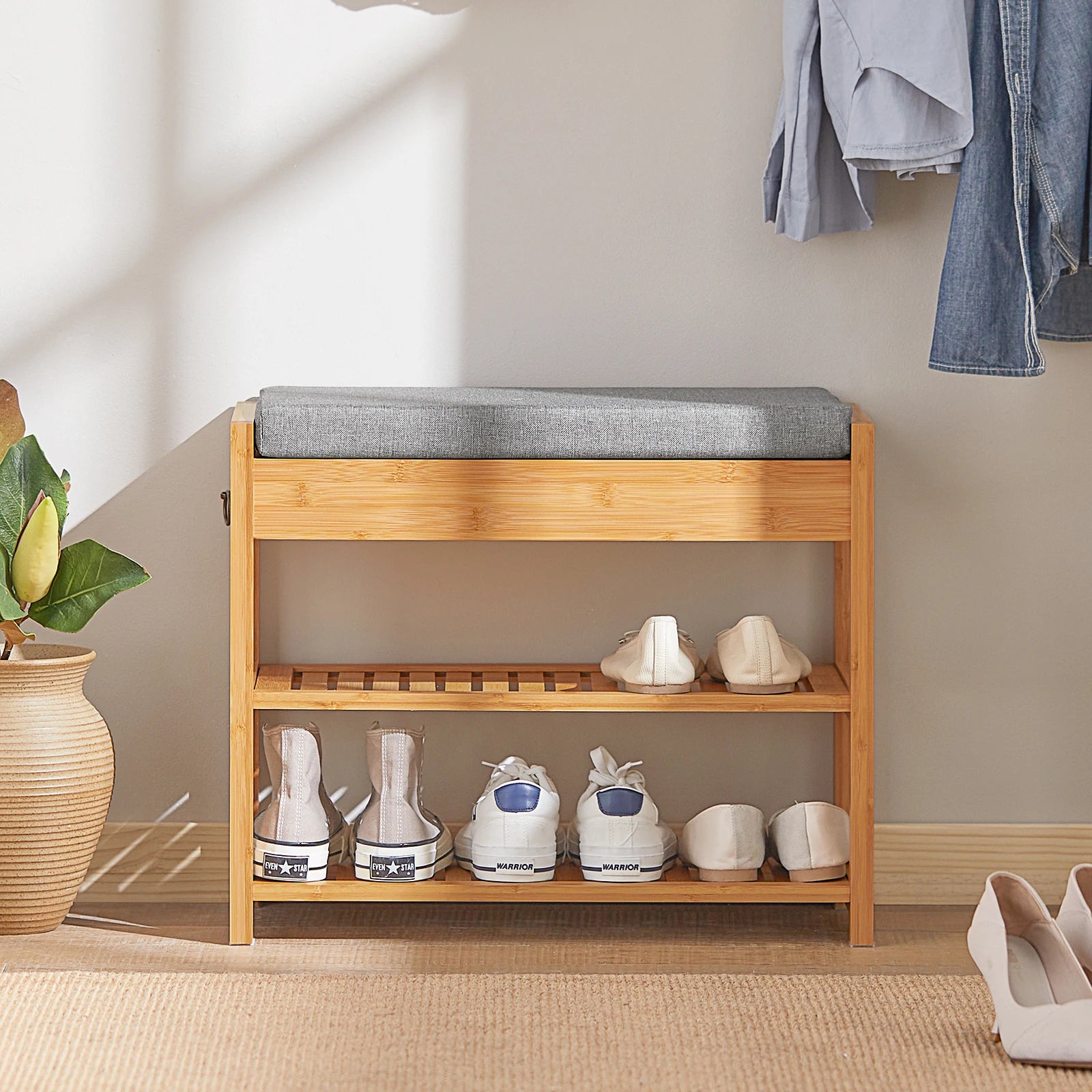 SoBuy FSR49-N shoe bench with seat cushion and drawer, bamboo shoe rack, dimensions approximately: 55x46x30cm