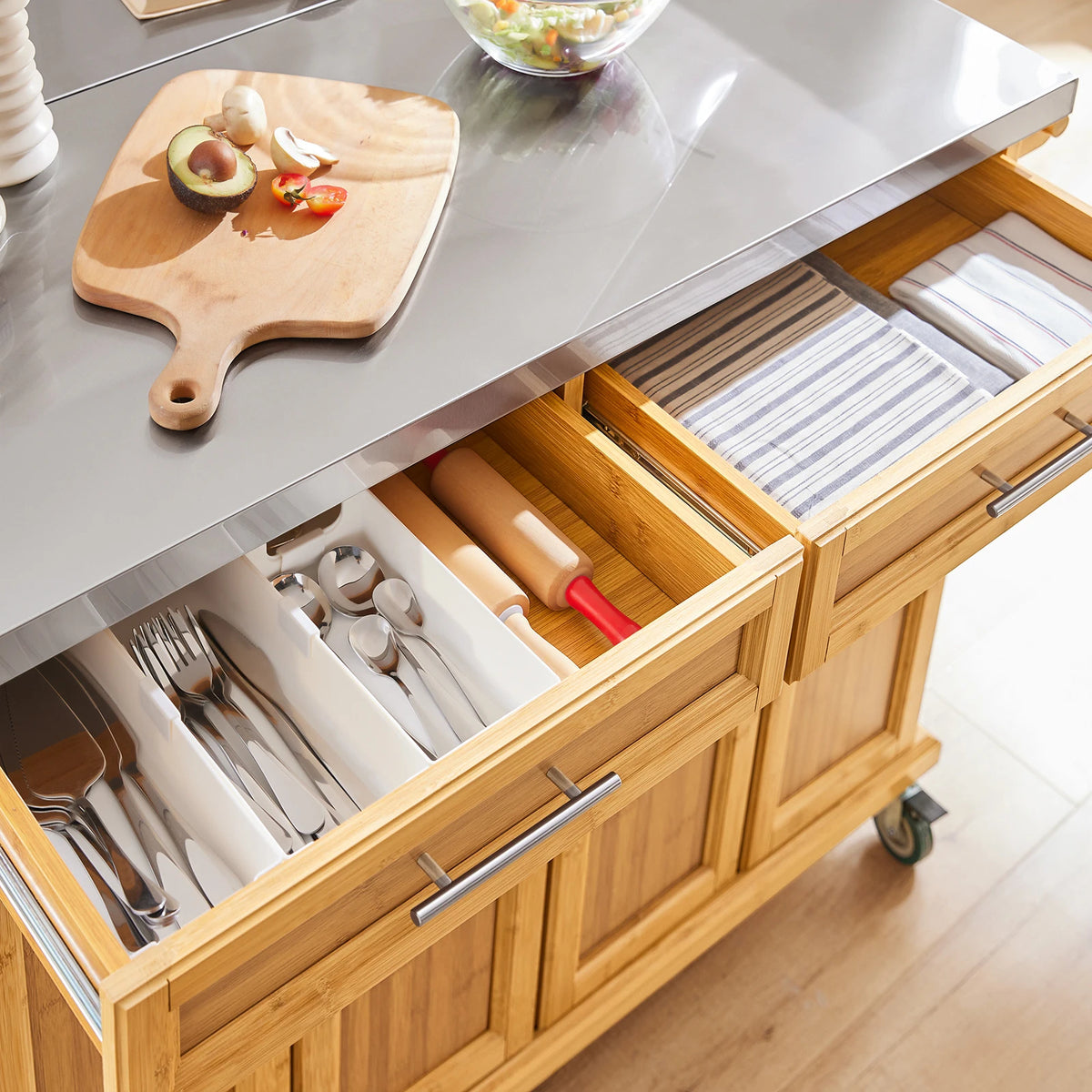 SoBuy FKW69-N Kitchen Island Kitchen Trolley with Expandable stainless steel Work plate Kitchen wardrobe serving trolley