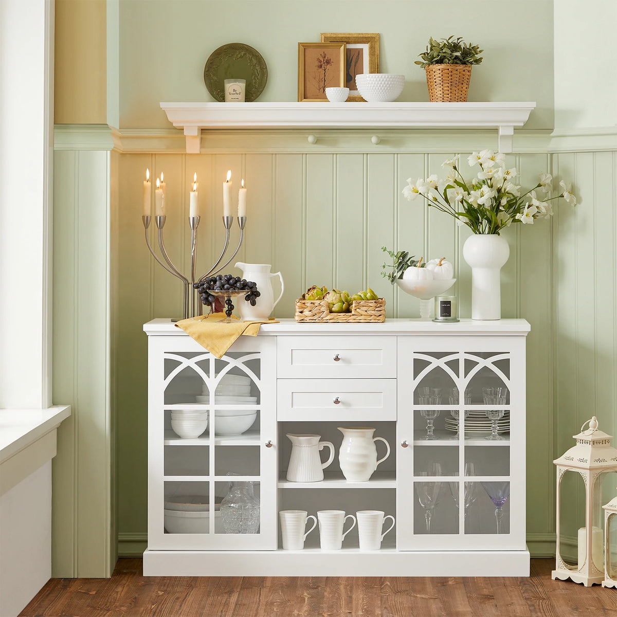 SoBuy FSB79-W Sideboard with 2 glass doors and 2 drawers kitchen wardrobe chest of drawers hallway wardrobe buffet storage wardrobe