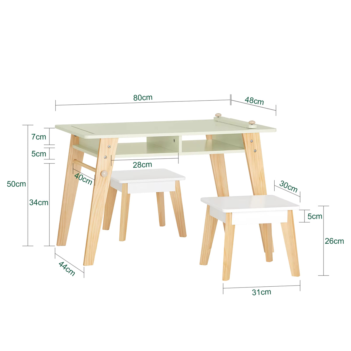 SoBuy KMB92-GR Children's table with 2 Chairs Child Seat Group with Storage Space for Children Child Seat Group Children White Green