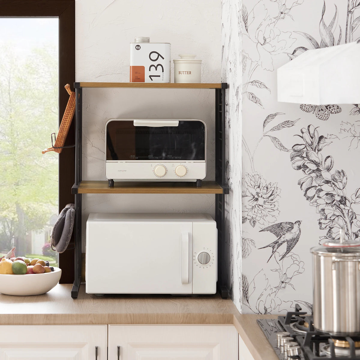 SoBuy KCR08-PF Microwave Holder Shelf Kitchen Shelf with 2 Shelves and 2 Bottle Holders Mini Shelf Industrial Design