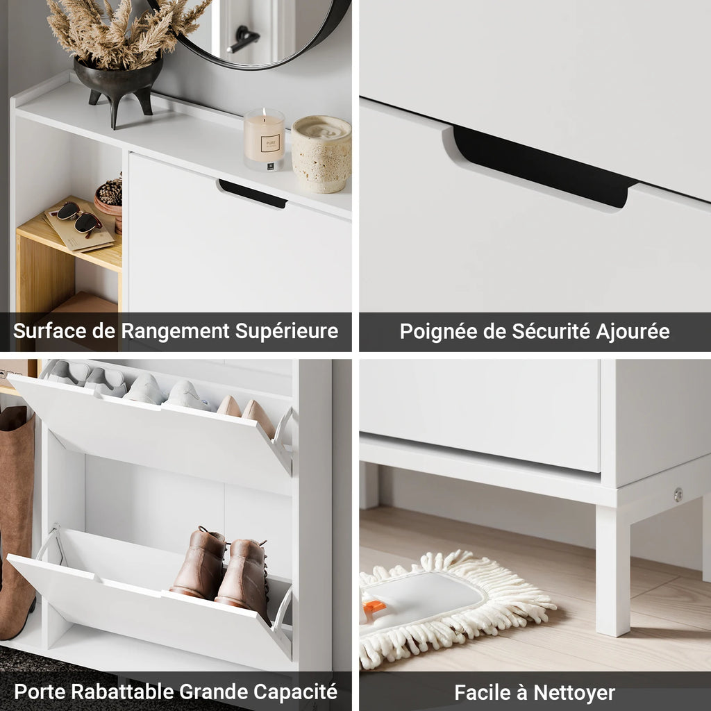 SoBuy FSR209-WN Shoe Cabinet Narely White Bamboo Shoe Dumpster with 3 Flap Open Wooden Frame Space Saving Design 90x19x129.5cm
