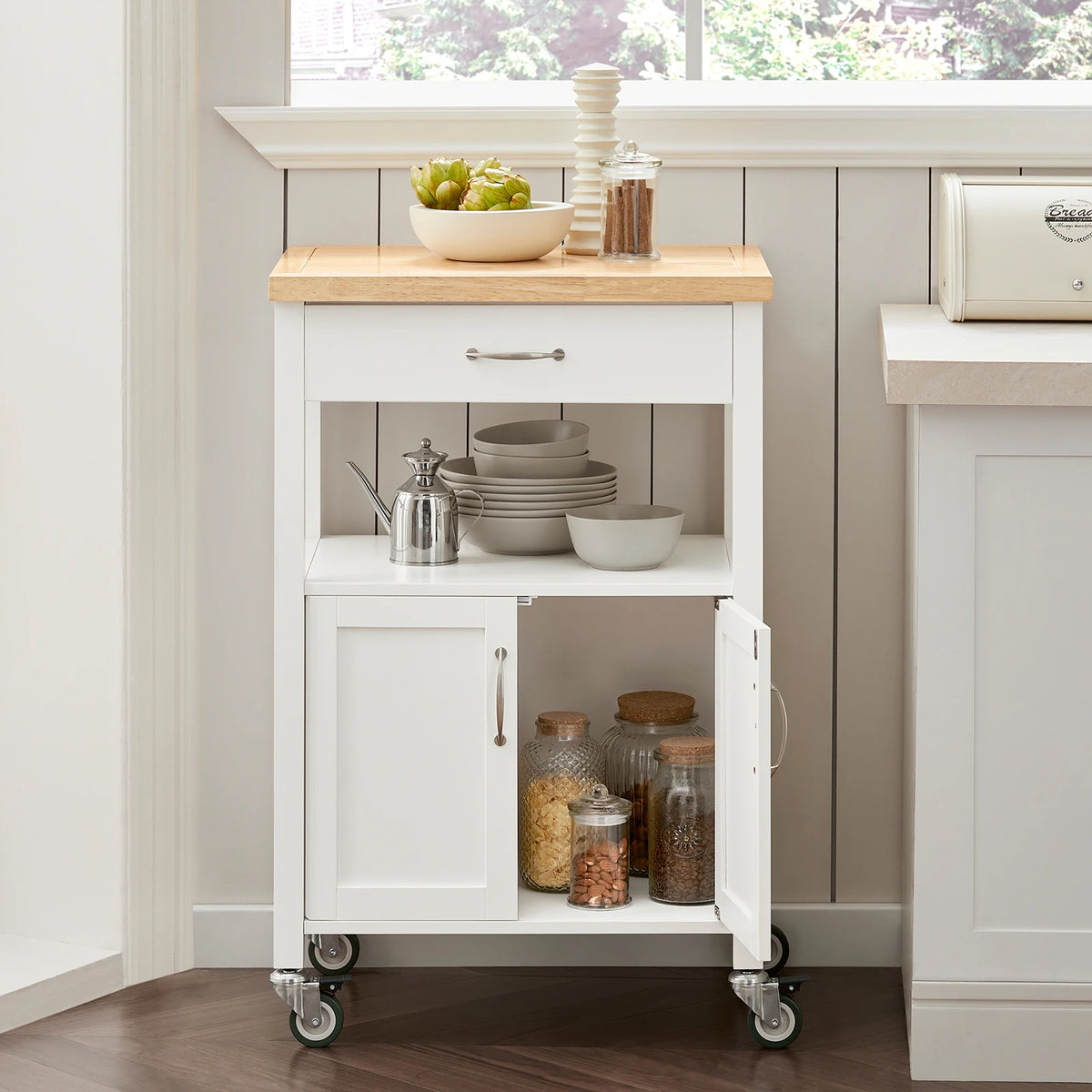 SoBuy FKW22 rubber kitchen trolley Wood serving trolley trolley narrow drink trolley for office kitchen living room dining room