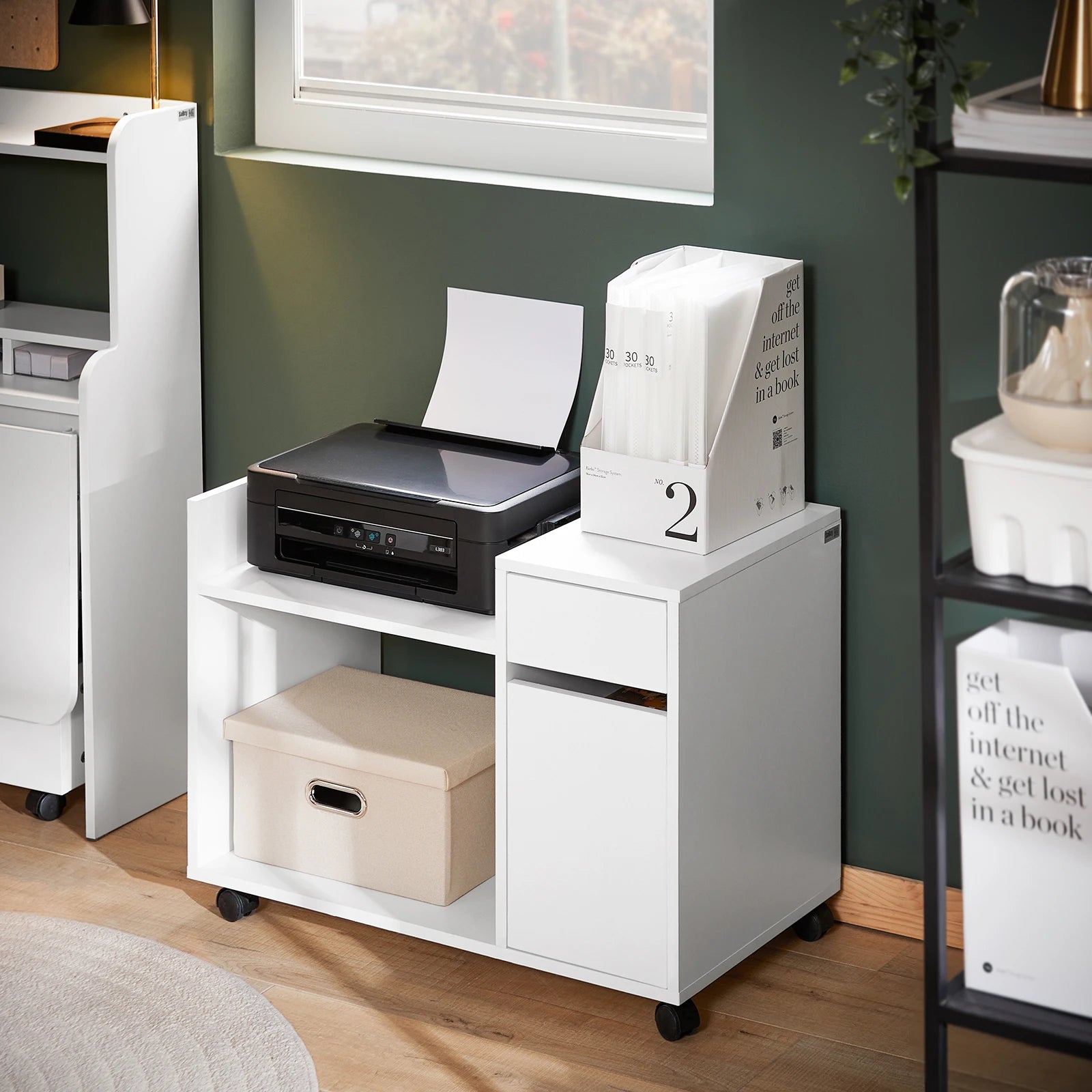 SoBuy ASK02-W Roll Container with Drawer and Door Printer table with Roll Printer wardrobe office desk wardrobe