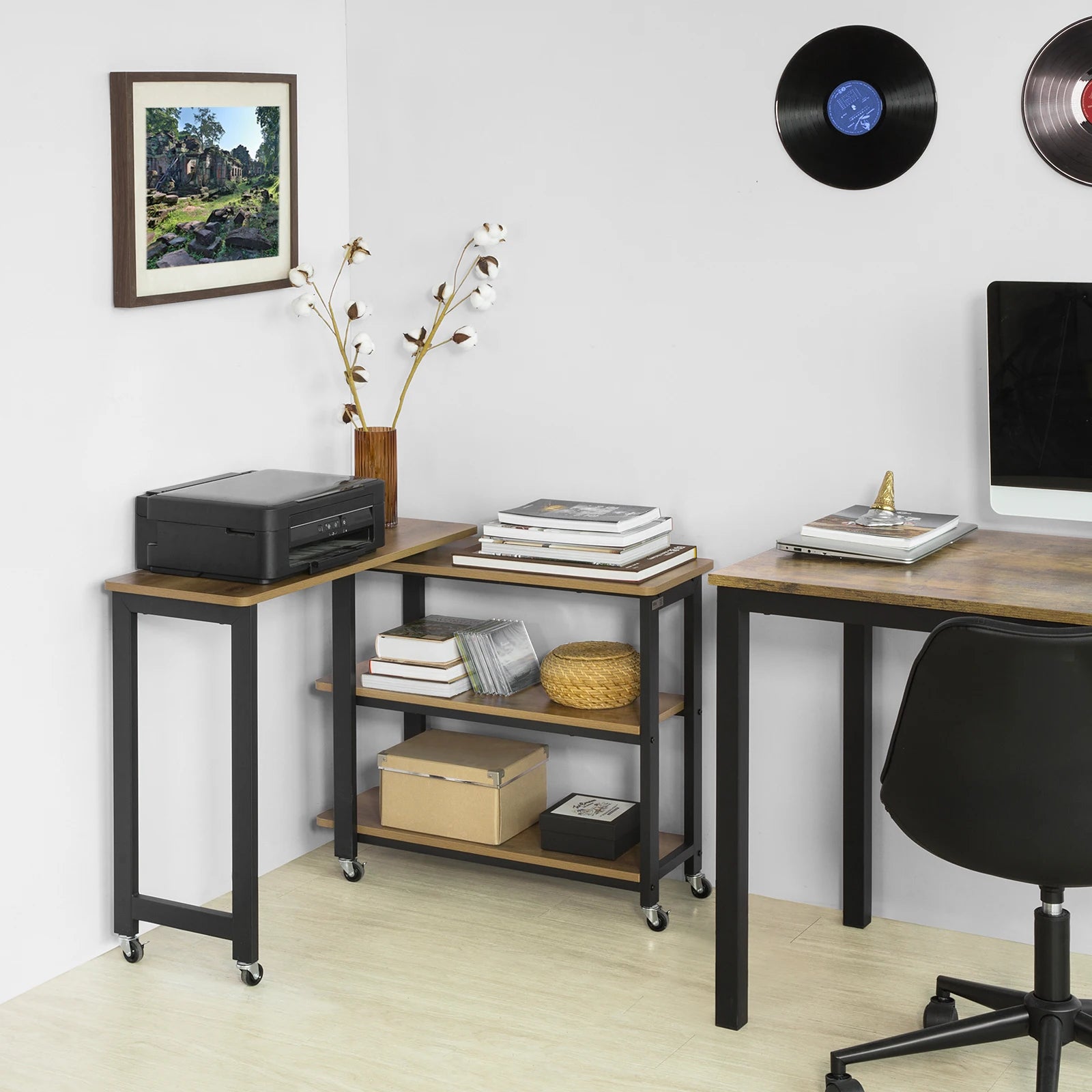SoBuy FWT83 L-shaped side table with 2 shelves Sofa table with wheels corner desk worktable industrial design
