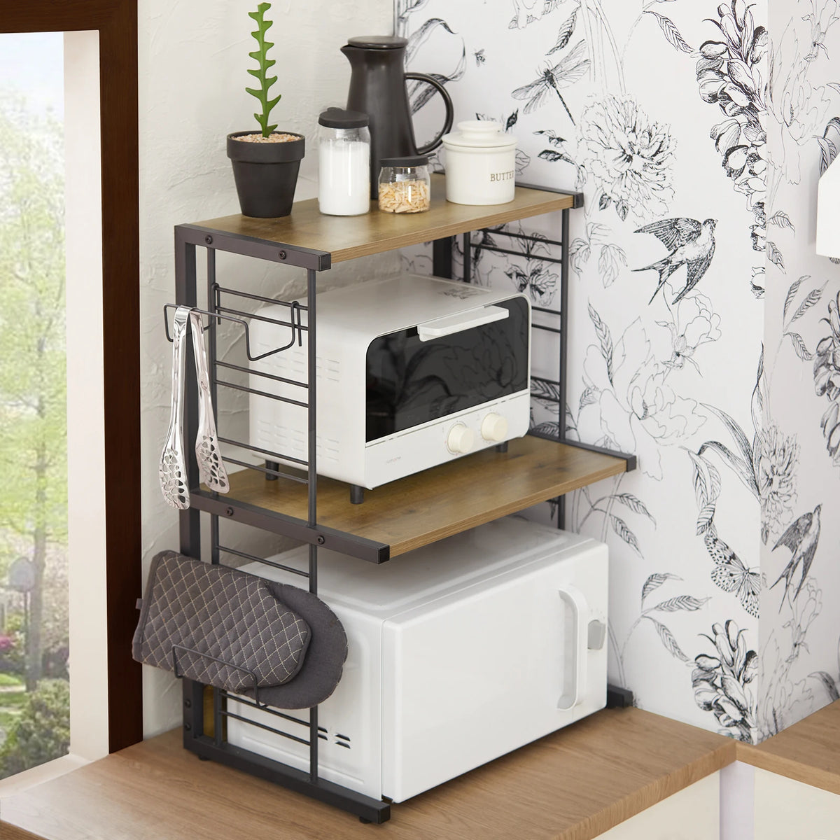 SoBuy KCR08-PF Microwave Holder Shelf Kitchen Shelf with 2 Shelves and 2 Bottle Holders Mini Shelf Industrial Design