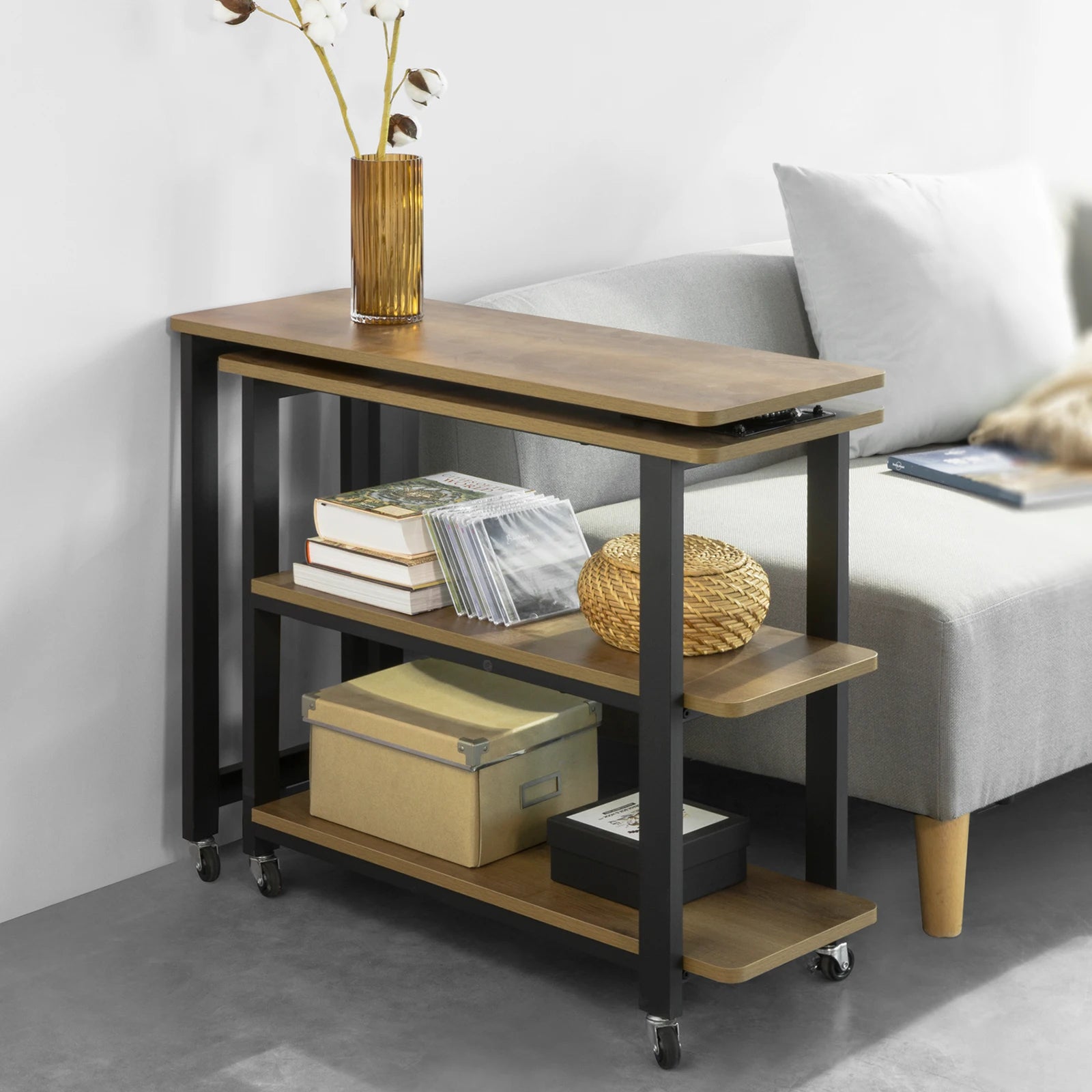 SoBuy FWT83 L-shaped side table with 2 shelves Sofa table with wheels corner desk worktable industrial design
