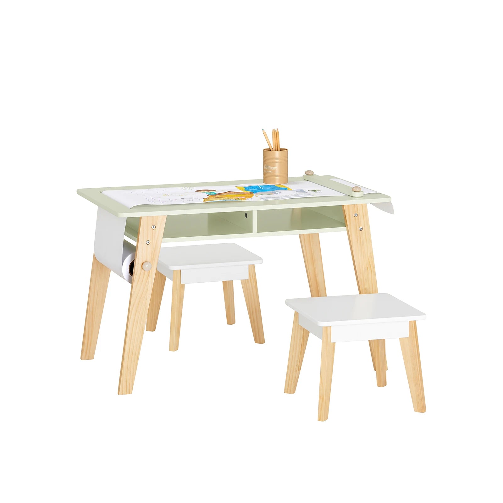 SoBuy KMB92-GR Children's table with 2 Chairs Child Seat Group with Storage Space for Children Child Seat Group Children White Green