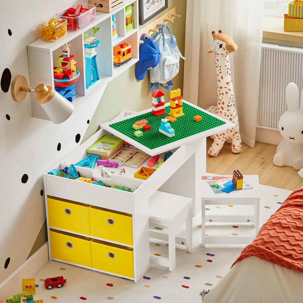 SoBuy KMB75-W Children's table with 2 Chairs Children table chair Set Child Seat Group with Storage Game Table White 87x50x50cm