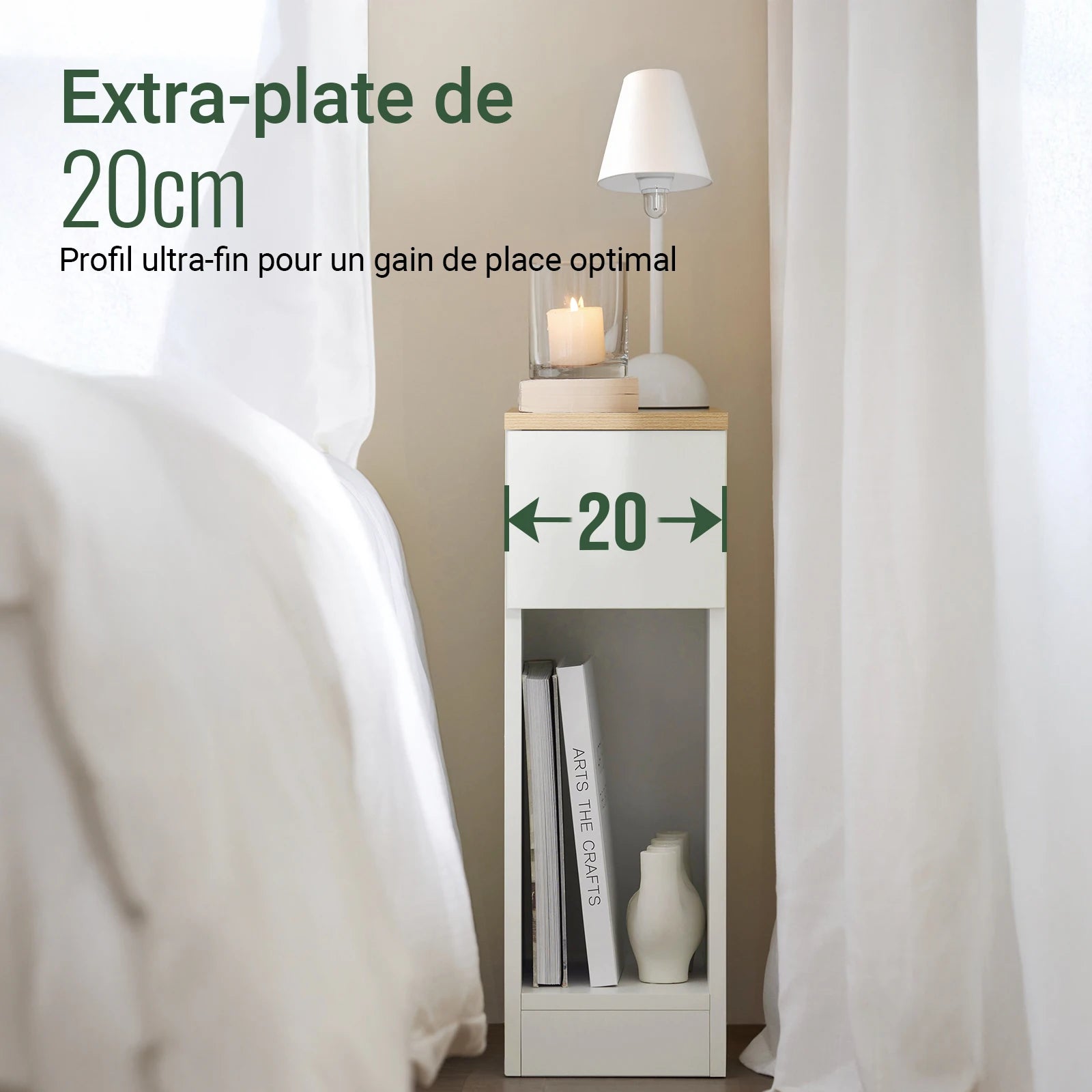 SoBuy FBT111-WN bedside table narrow with drawer and storage Nightstand for Bedroom living room White 20x35x60 cm