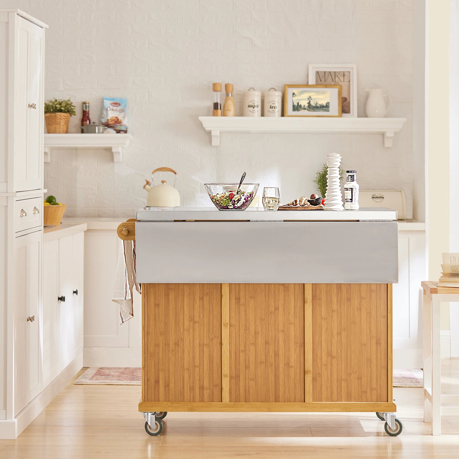 SoBuy FKW69-N Kitchen Island Kitchen Trolley with Expandable stainless steel Work plate Kitchen wardrobe serving trolley