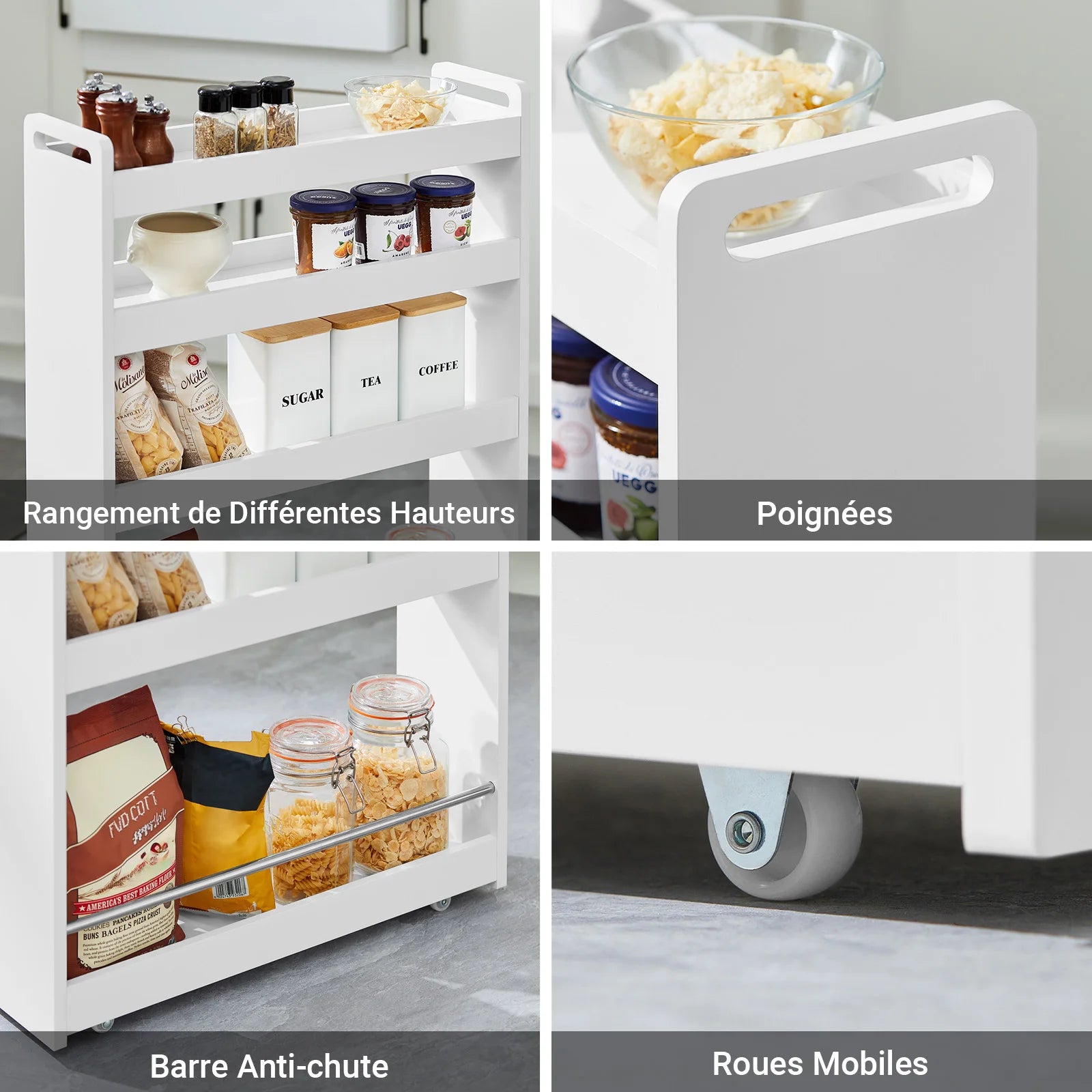 SoBuy NSR01-W niche rack with 4 floors kitchen shelf with wheels bathroom trolley order car trolley White BHT approx.:18x82x60cm