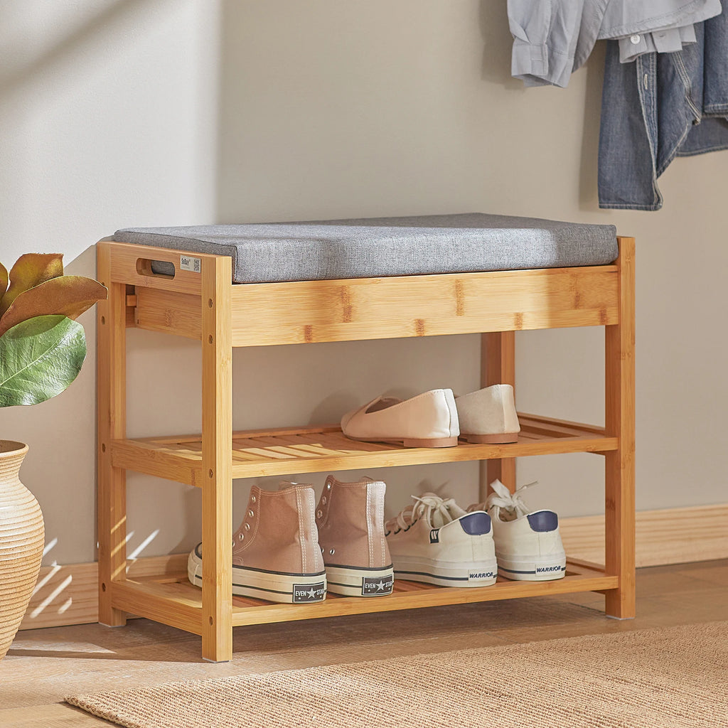 SoBuy FSR49-N shoe bench with seat cushion and drawer, bamboo shoe rack, dimensions approximately: 55x46x30cm