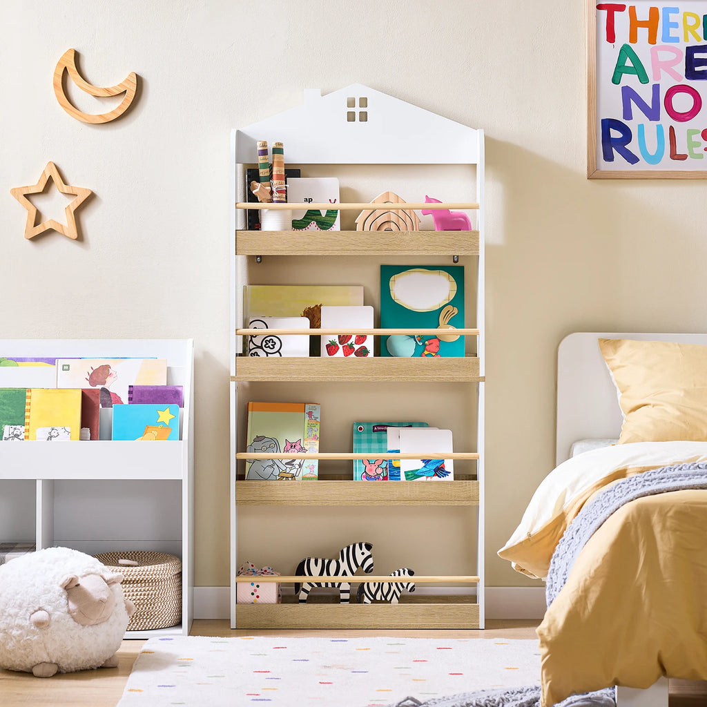 SoBuy KMB121-WN Bookcase children storage shelf with 4 shelves for books and decoration CHILDREN'S room furniture White natural 60x130x15