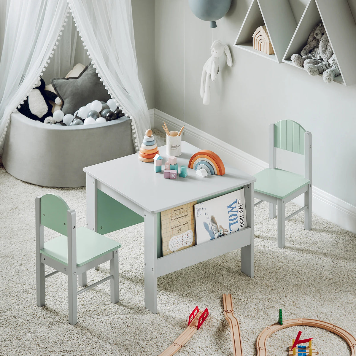 SoBuy KMB88-HG Children's table with Chairs Child Seat Group Inside Children table chair Set Painting Table for Children Seating Group Light Grey