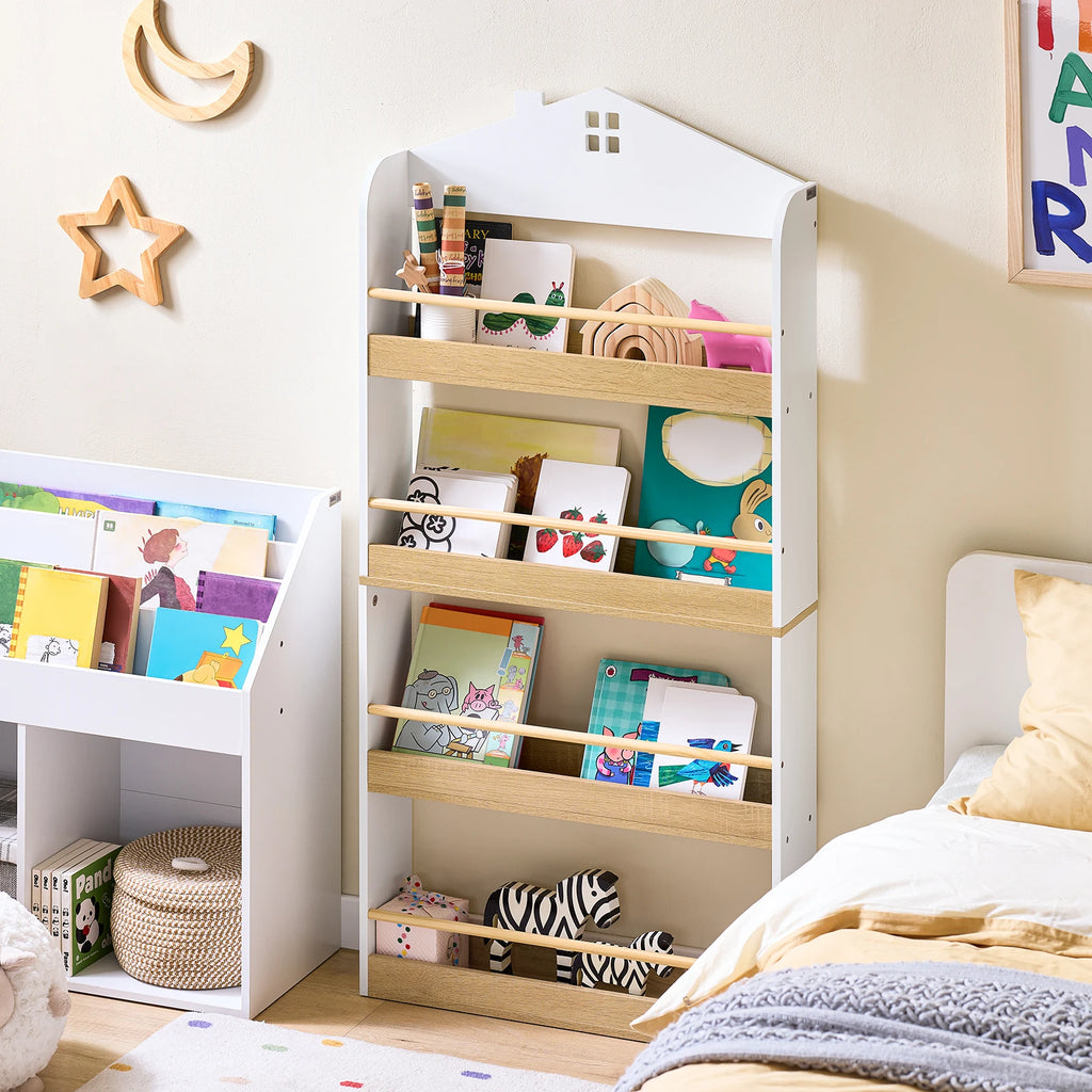 SoBuy KMB121-WN Bookcase children storage shelf with 4 shelves for books and decoration CHILDREN'S room furniture White natural 60x130x15