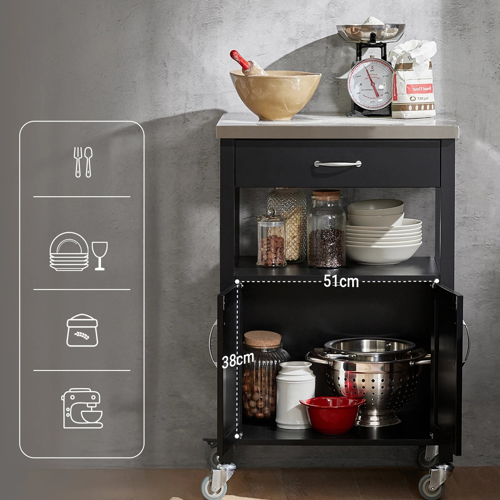 SoBuy FKW22 rubber kitchen trolley Wood serving trolley trolley narrow drink trolley for office kitchen living room dining room