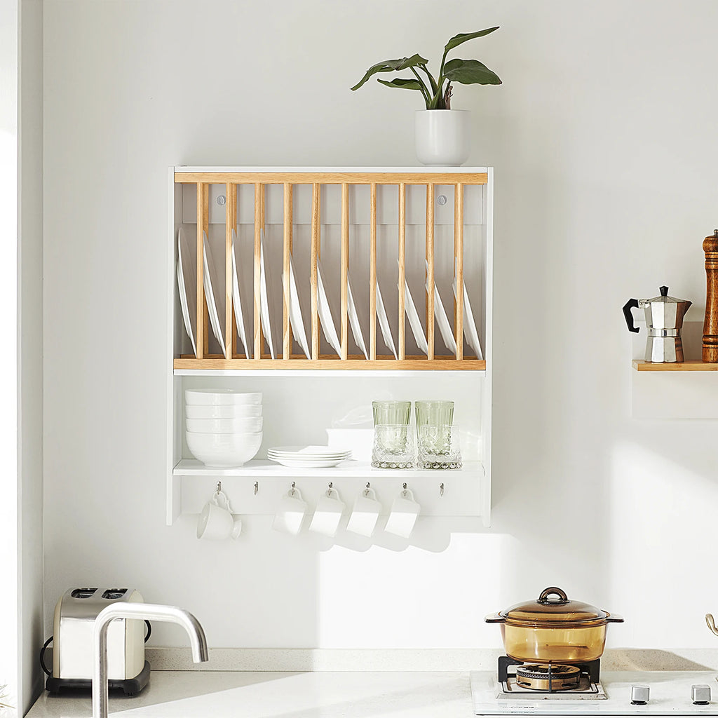 SoBuy KCR09-W plates Holder for 11 plates plates Shelf Wall Shelf with 7 Metal Hooks Plate Stand Kitchen Shelf with One Comb