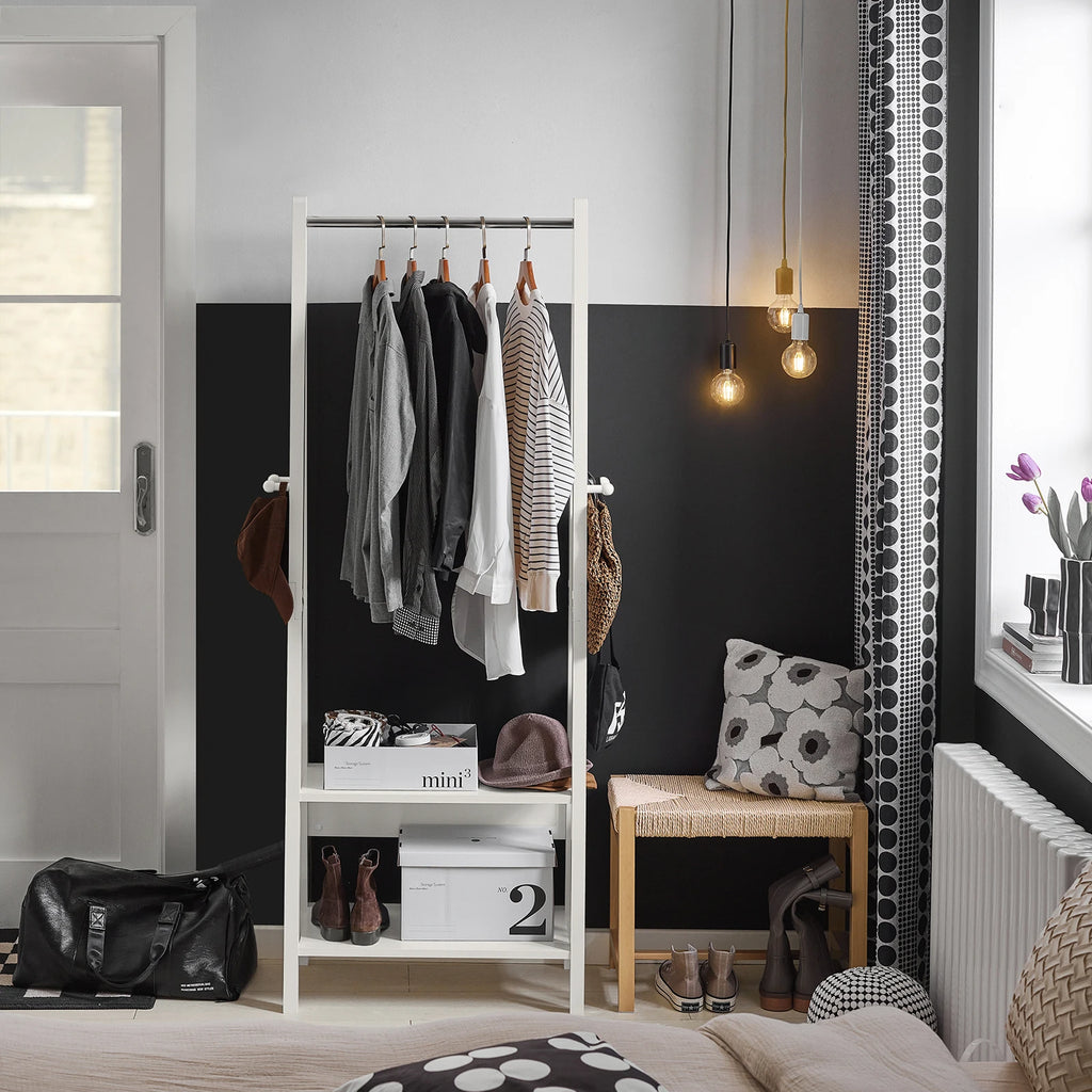 SoBuy FRG59-W dresses stand with 2 shelves, Modern Hanging Bar & Freestanding dresses stand for Bedroom & Hallway White