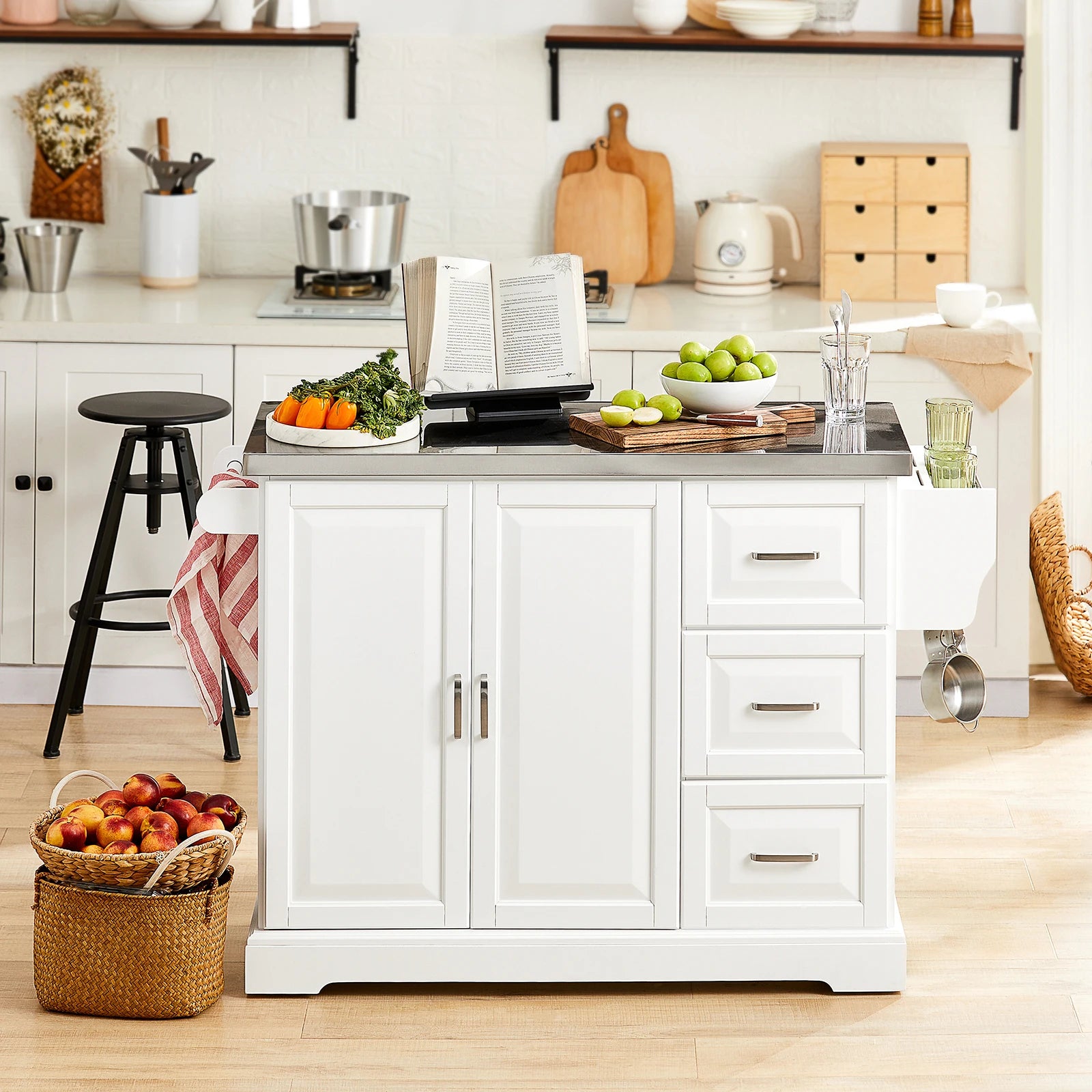 SoBuy FKW41 luxury kitchen cart with stainless steel plate kitchen wardrobe with 4 hidden reels sideboard with expandable