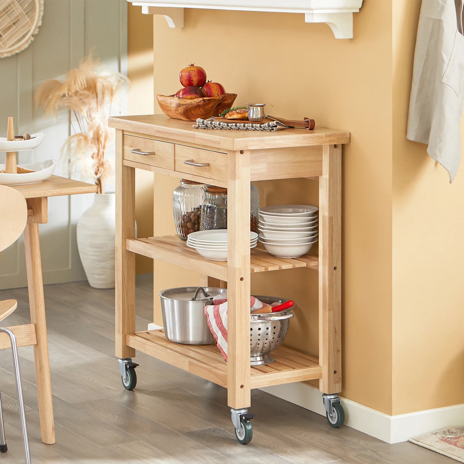 SoBuy FKW24-N serving trolley Rubber Wood Kitchen Trolley Kitchen Rack B80xT40xH90cm B80xT40xH90cm