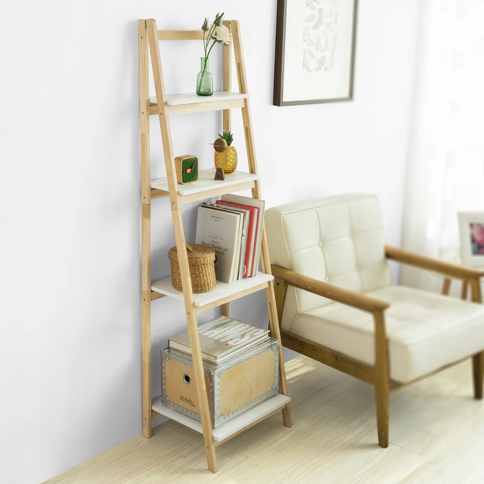 SoBuy FRG162-N Ladder Rack Fold Stand Rack Bookcase with 4 floors Rubber Wood and MDF BHT: 42x140x34cm
