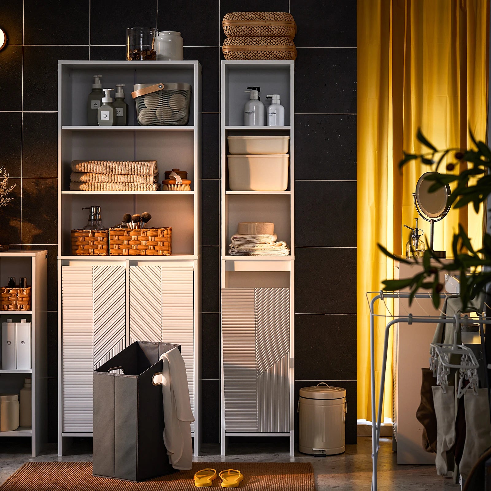 SoBuy BZR158-W Bathroom Cabinet High with laundry basket & Adjustable MDF Shelves, Open Shelves for Small 30x170x30cm