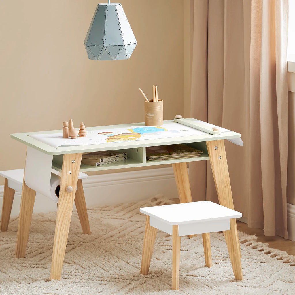 SoBuy KMB92-GR Children's table with 2 Chairs Child Seat Group with Storage Space for Children Child Seat Group Children White Green