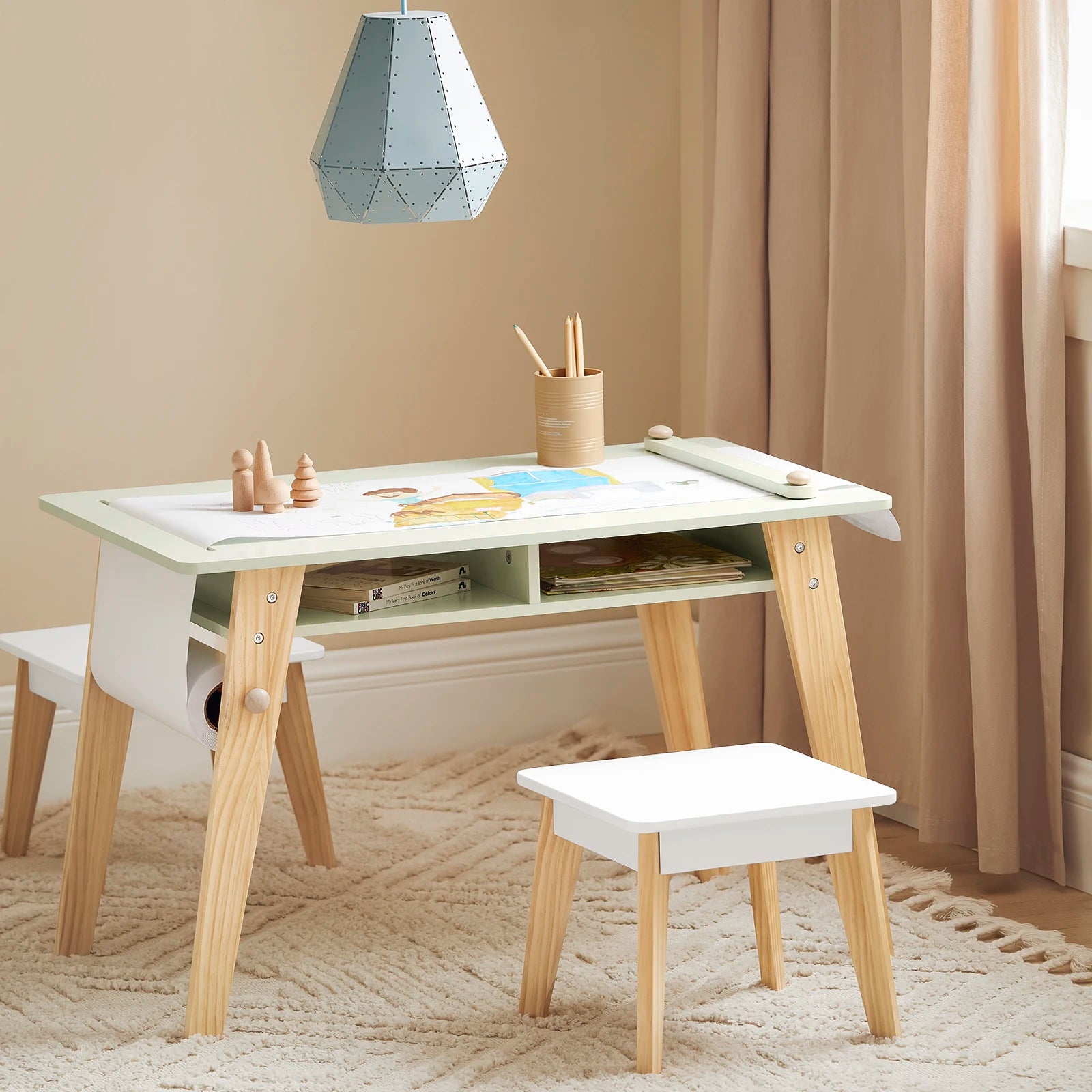 SoBuy KMB92-GR Children's table with 2 Chairs Child Seat Group with Storage Space for Children Child Seat Group Children White Green