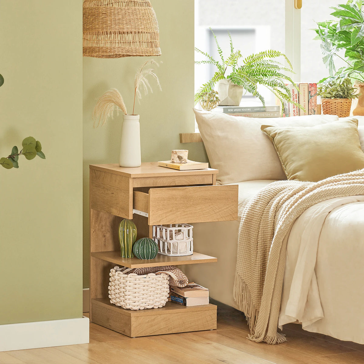 SoBuy FBT49 side table, bedside table, nightstand dresser with 1 drawer and 3 shelves, natural color, WDH approx. 39x65x39cm