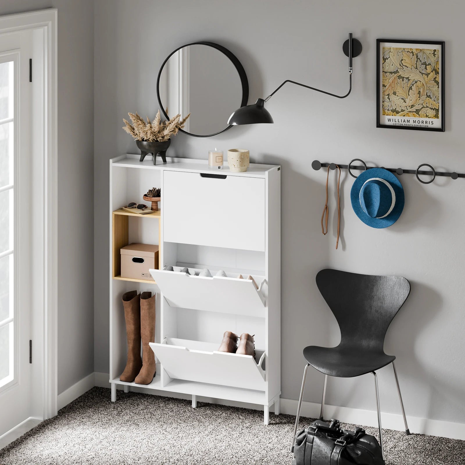 SoBuy FSR209-WN Shoe Cabinet Narely White Bamboo Shoe Dumpster with 3 Flap Open Wooden Frame Space Saving Design 90x19x129.5cm