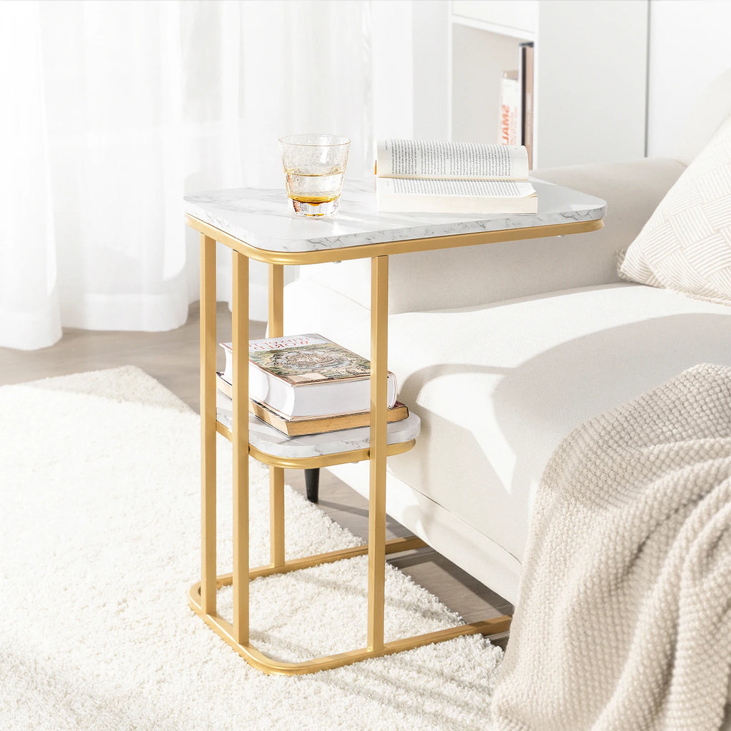 SoBuy FBT110-G side table with 2 shelves Sofa table coffee table Laptop table bed table care table with gold metal frame