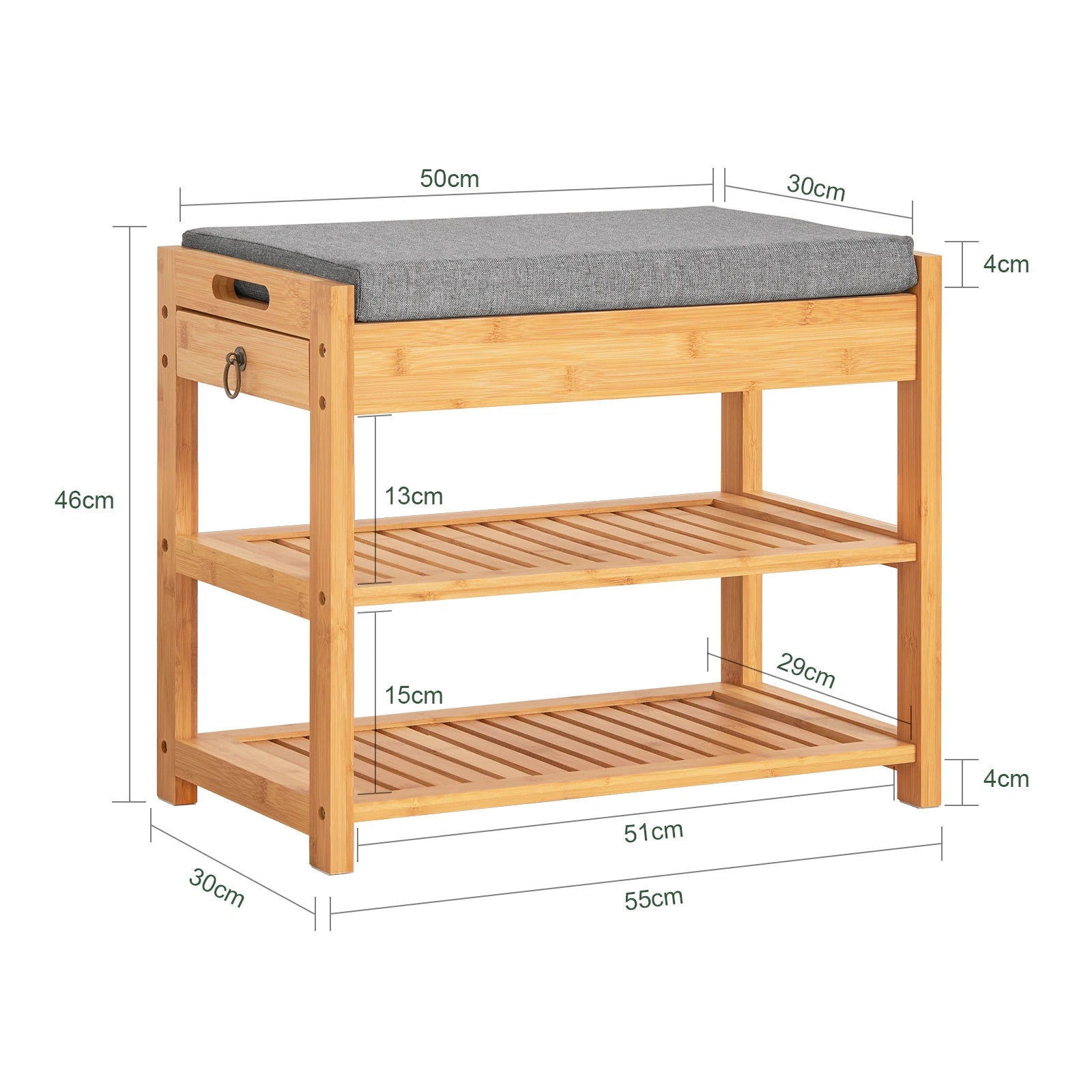 SoBuy FSR49-N shoe bench with seat cushion and drawer, bamboo shoe rack, dimensions approximately: 55x46x30cm