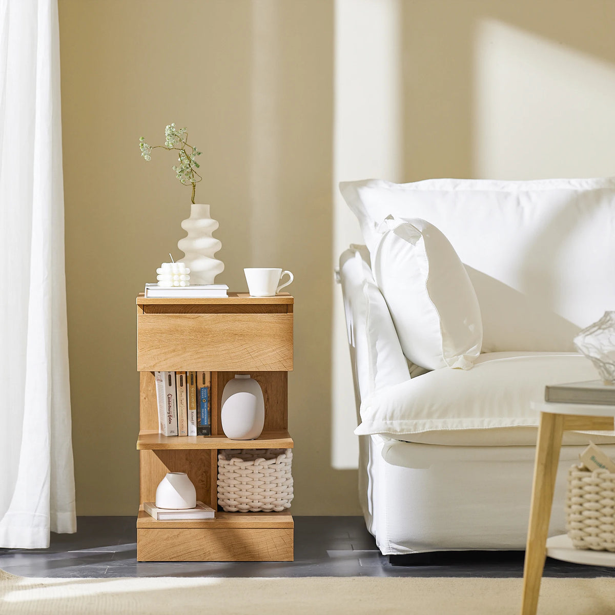 SoBuy FBT49 side table, bedside table, nightstand dresser with 1 drawer and 3 shelves, natural color, WDH approx. 39x65x39cm
