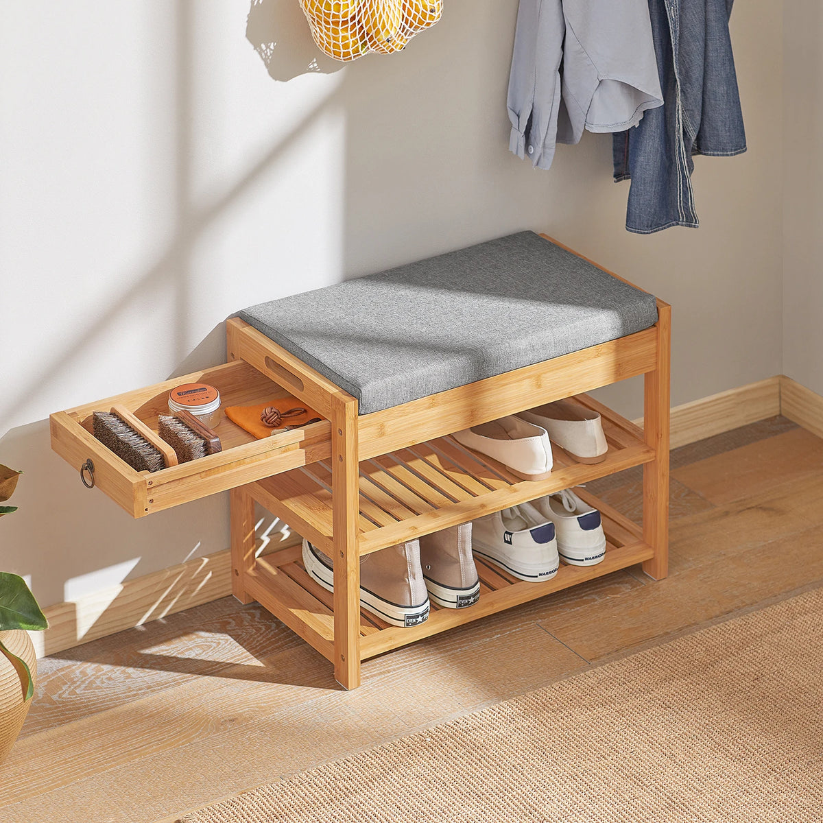 SoBuy FSR49-N shoe bench with seat cushion and drawer, bamboo shoe rack, dimensions approximately: 55x46x30cm