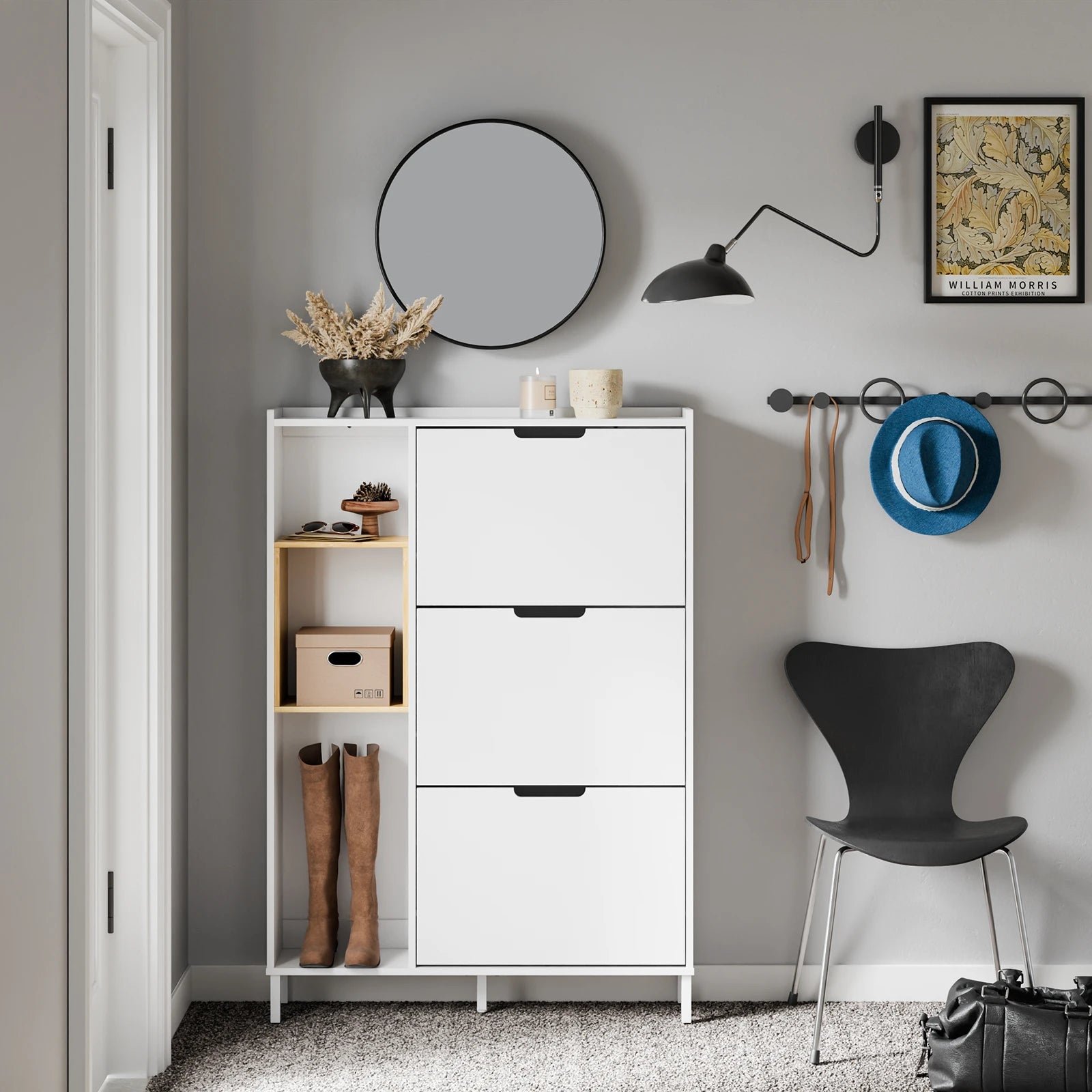 SoBuy FSR209-WN Shoe Cabinet Narely White Bamboo Shoe Dumpster with 3 Flap Open Wooden Frame Space Saving Design 90x19x129.5cm
