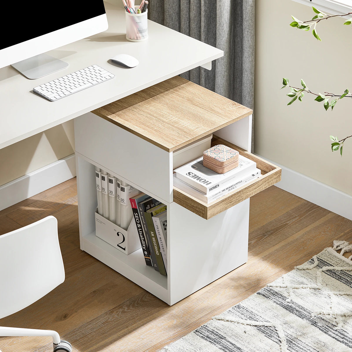 SoBuy ASK08-WN table with Rolls Hidden Rolls 3 hand fan Roll Container desk for office White Nature 40x65x50cm