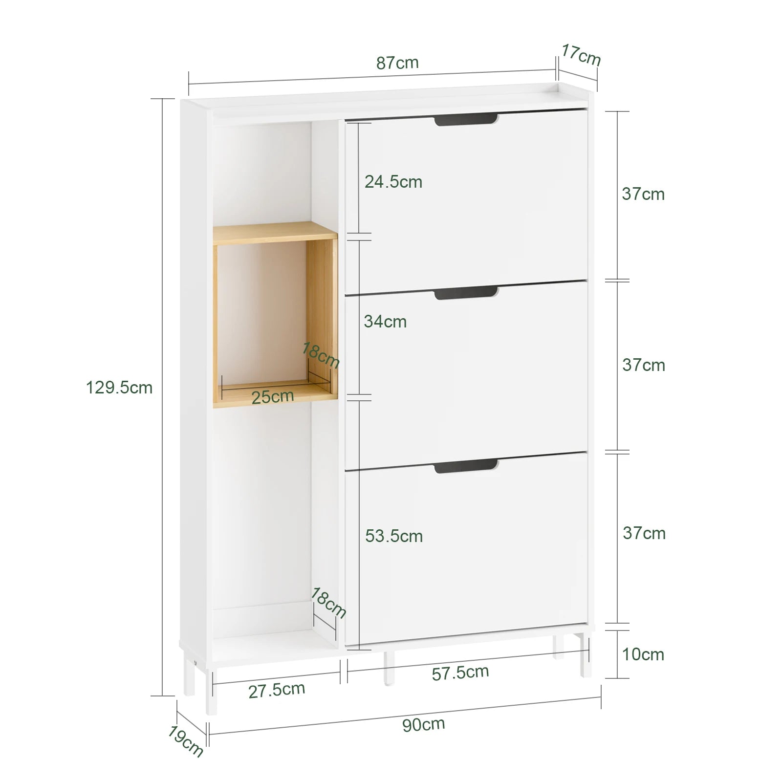 SoBuy FSR209-WN Shoe Cabinet Narely White Bamboo Shoe Dumpster with 3 Flap Open Wooden Frame Space Saving Design 90x19x129.5cm